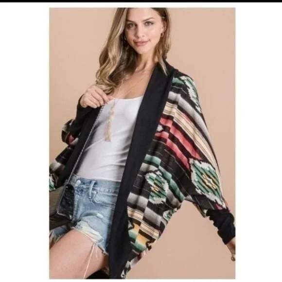 MULTICOLOR AZTEC PRINT OPEN CARDIGAN W/DOLMAN SLEEVES-NEW - Picture 5 of 8